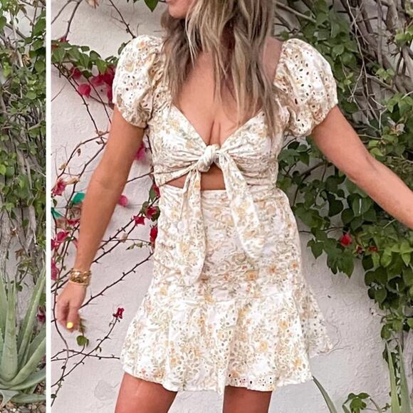 En Saison Floral Eyelet Mini Dress Puff Sleeve Cottagecore XS - Picture 2 of 10